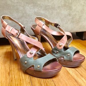 GUESS High Heels Tan Leather Green Canvas